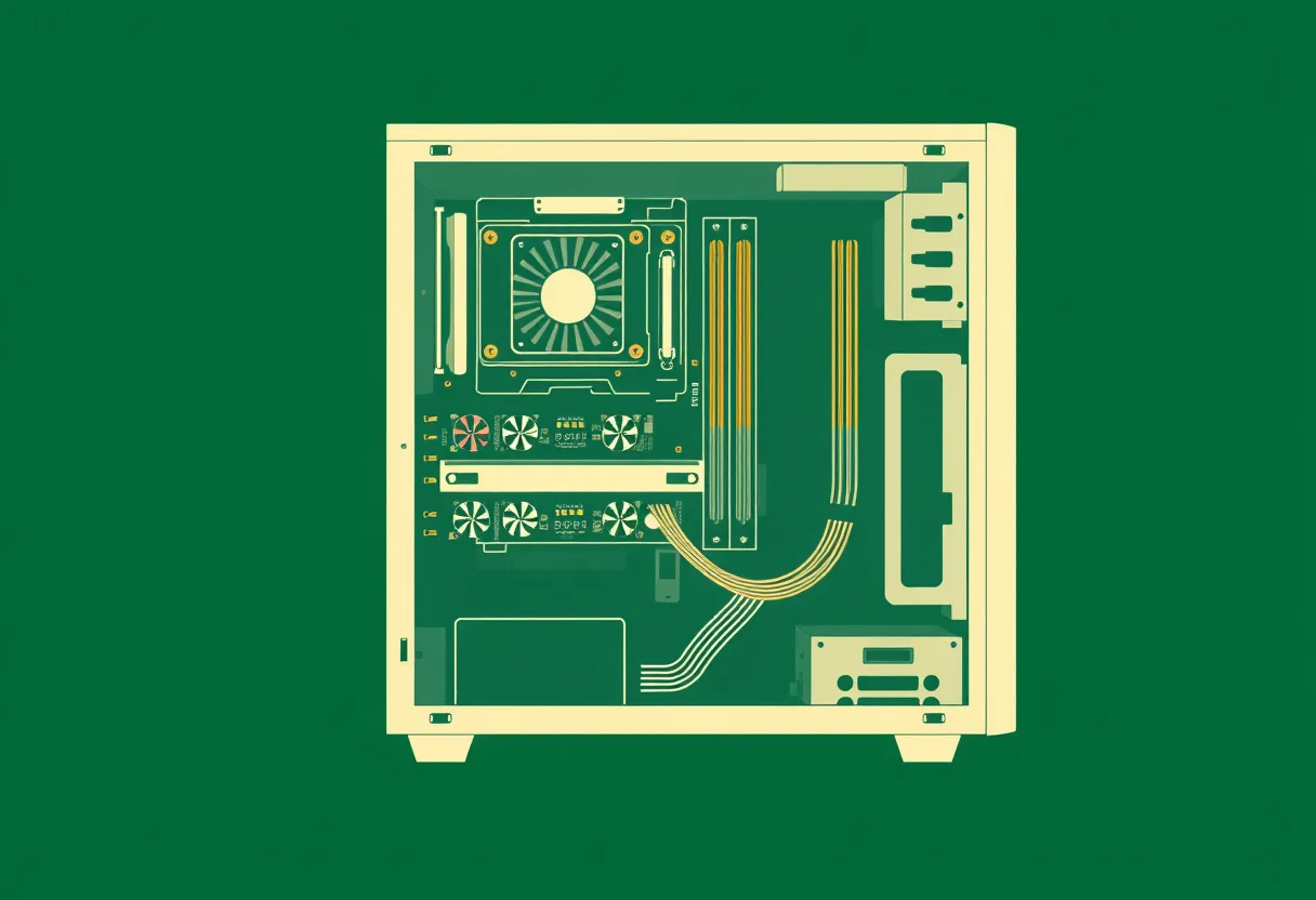 An illustration of the inside of an open desktop tower: the CPU cooler, memory sticks, a graphics card, drive bays and the power supply area.