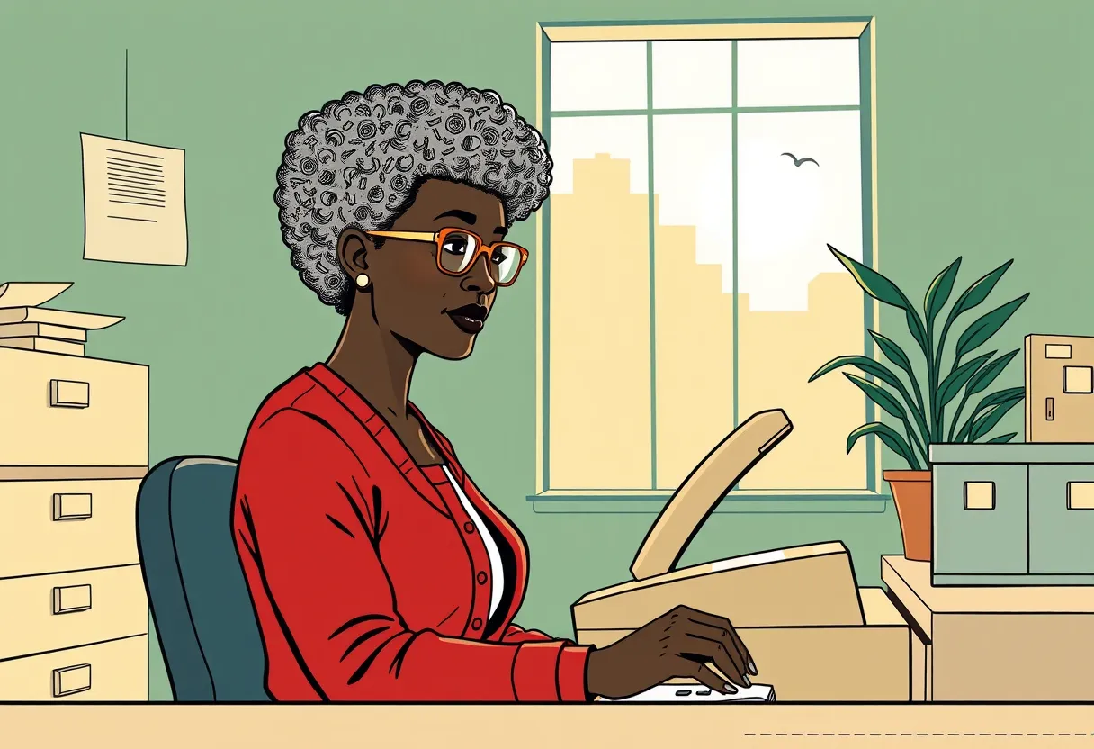 Ms. Harris, the school secretary, answers the desk phone in the front office on a bright morning.