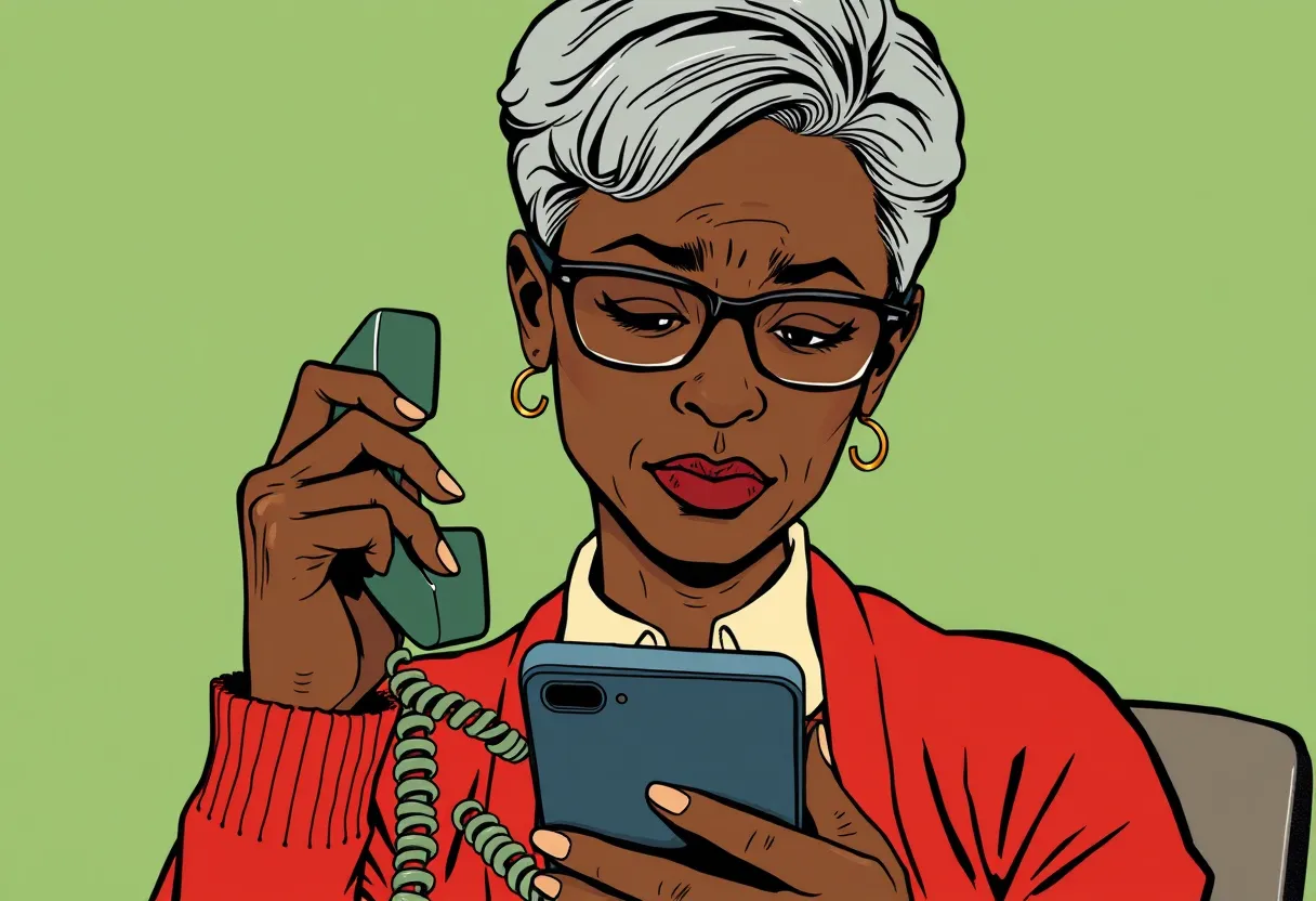 Close-up of Ms. Harris holding the phone to her ear and looking at a text message on her cell phone.