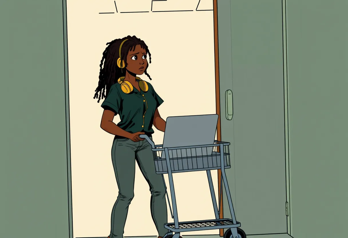 Dee, a student IT intern with gold headphones, stops a laptop cart in the doorway and listens.