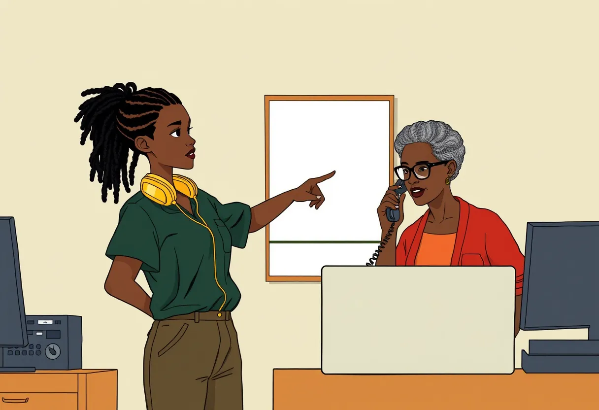 Dee points at the help desk poster on the wall while Ms. Harris holds the phone away from her ear.