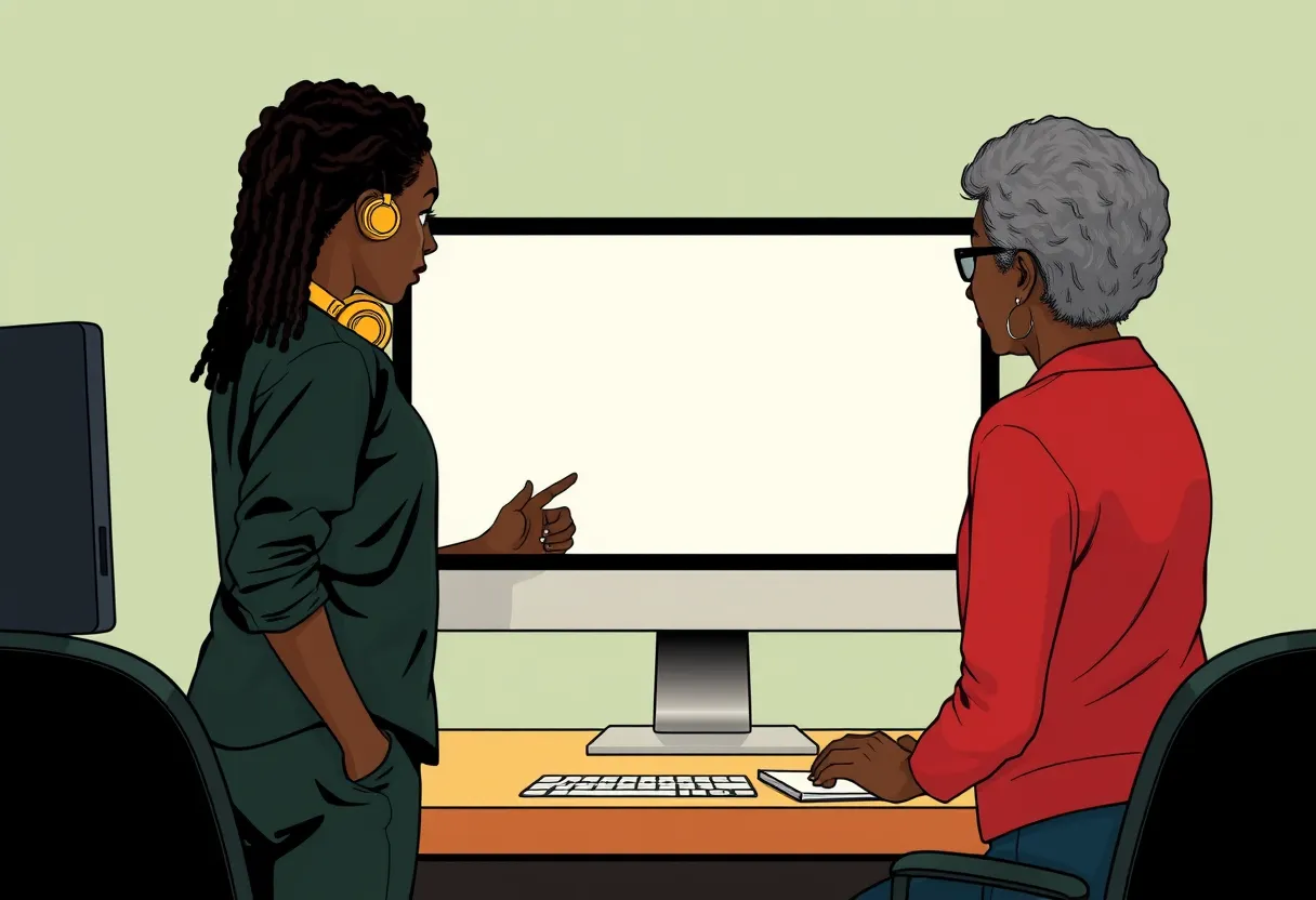 Dee points at an email on Ms. Harris's computer screen.
