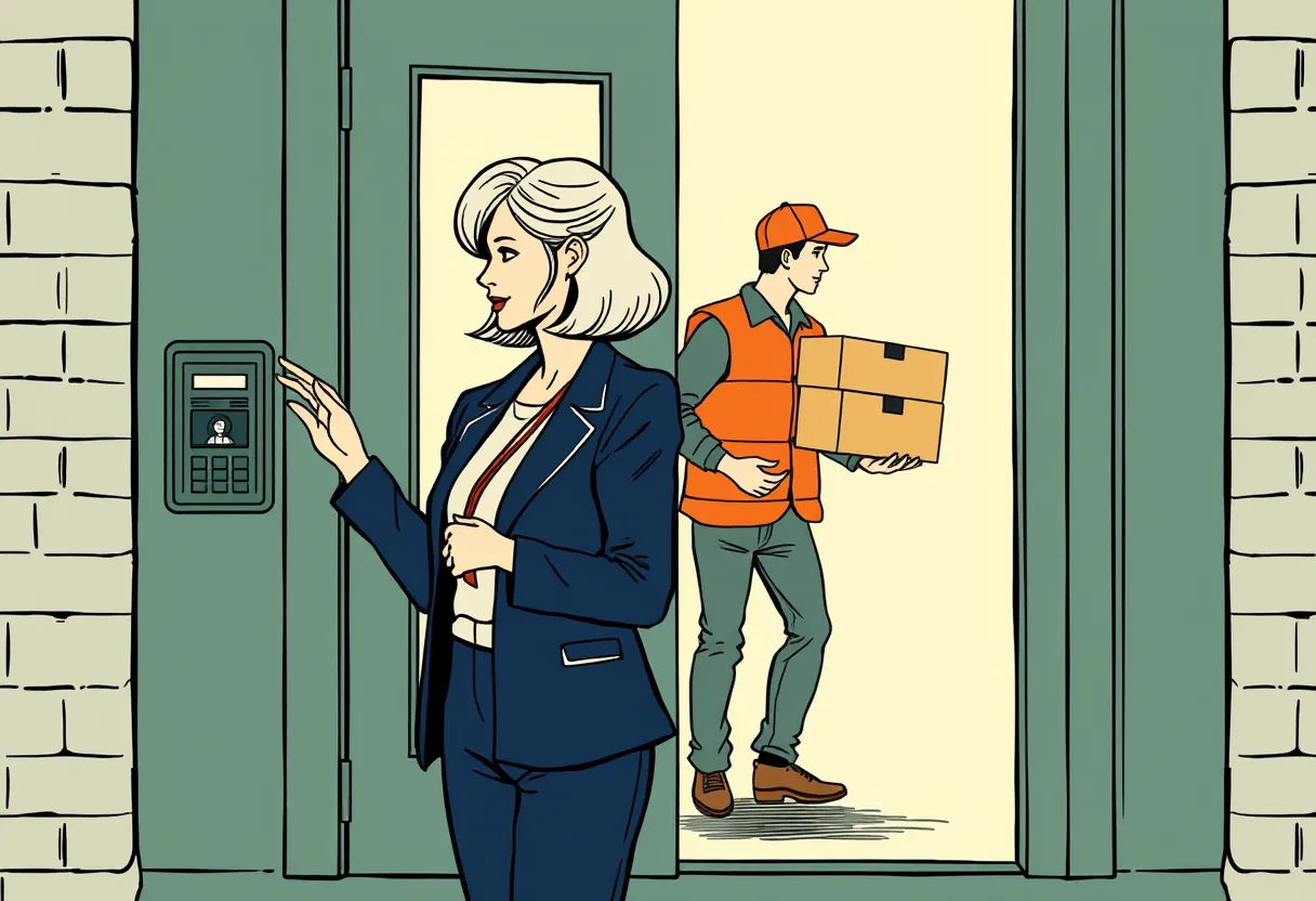 A teacher taps her badge at the back door while a man in a delivery vest carrying boxes slips in behind her.