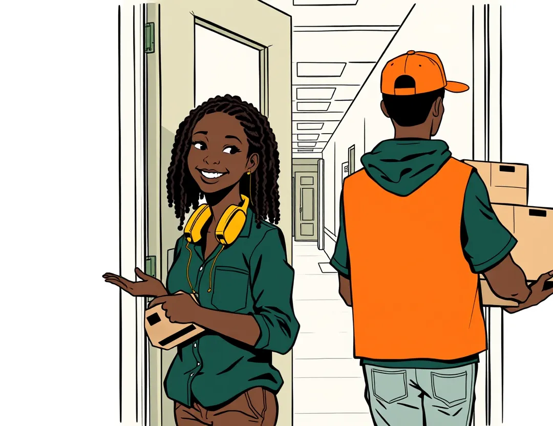 Dee smiles and points the delivery man down the hall to the front office. He turns to leave.