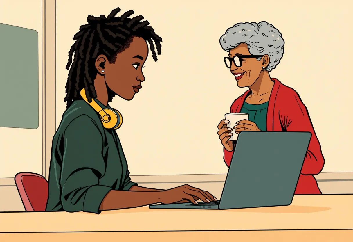 Dee types a report at the help desk while Ms. Harris stands beside her with a cup of coffee.