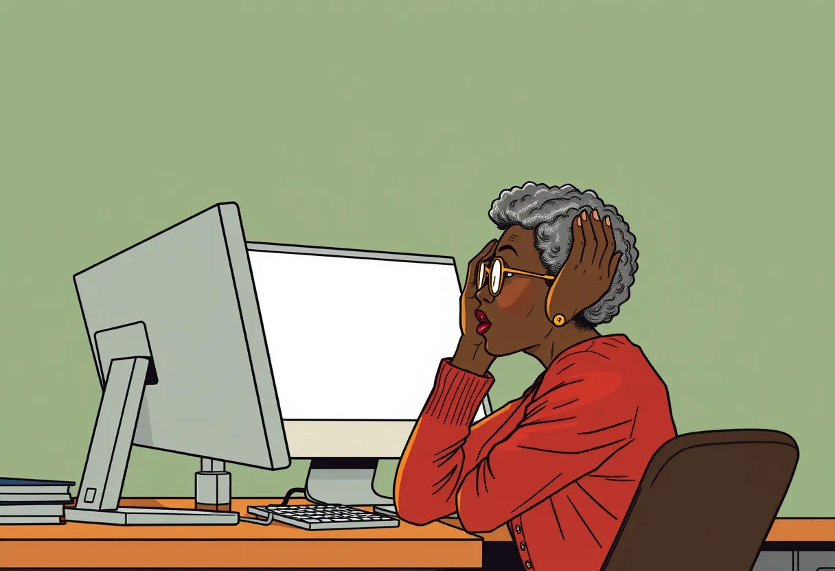 Ms. Harris holds her head in her hands, staring at her computer screen.