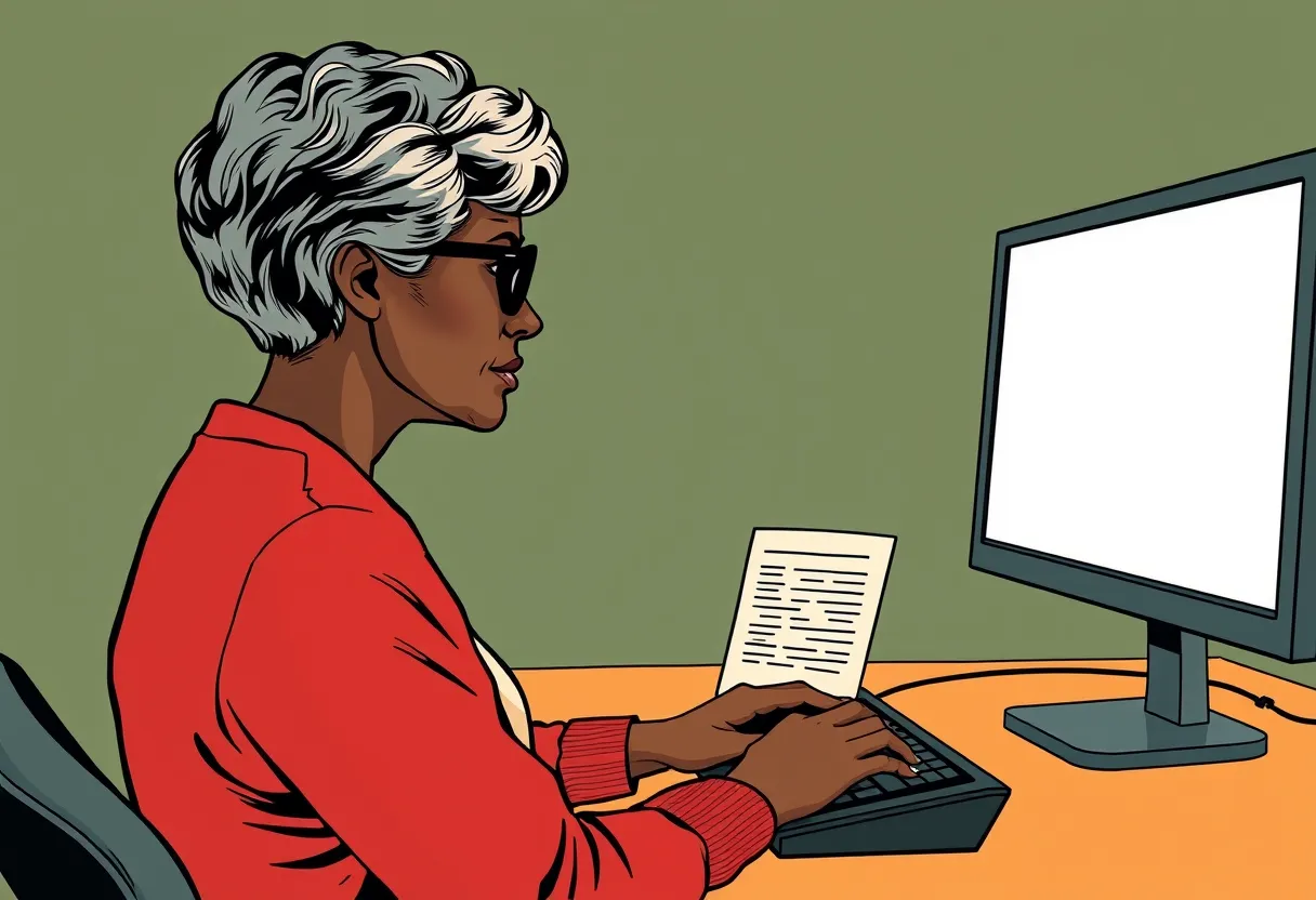 Ms. Harris types at her keyboard, looking at a sign-in page on her monitor.