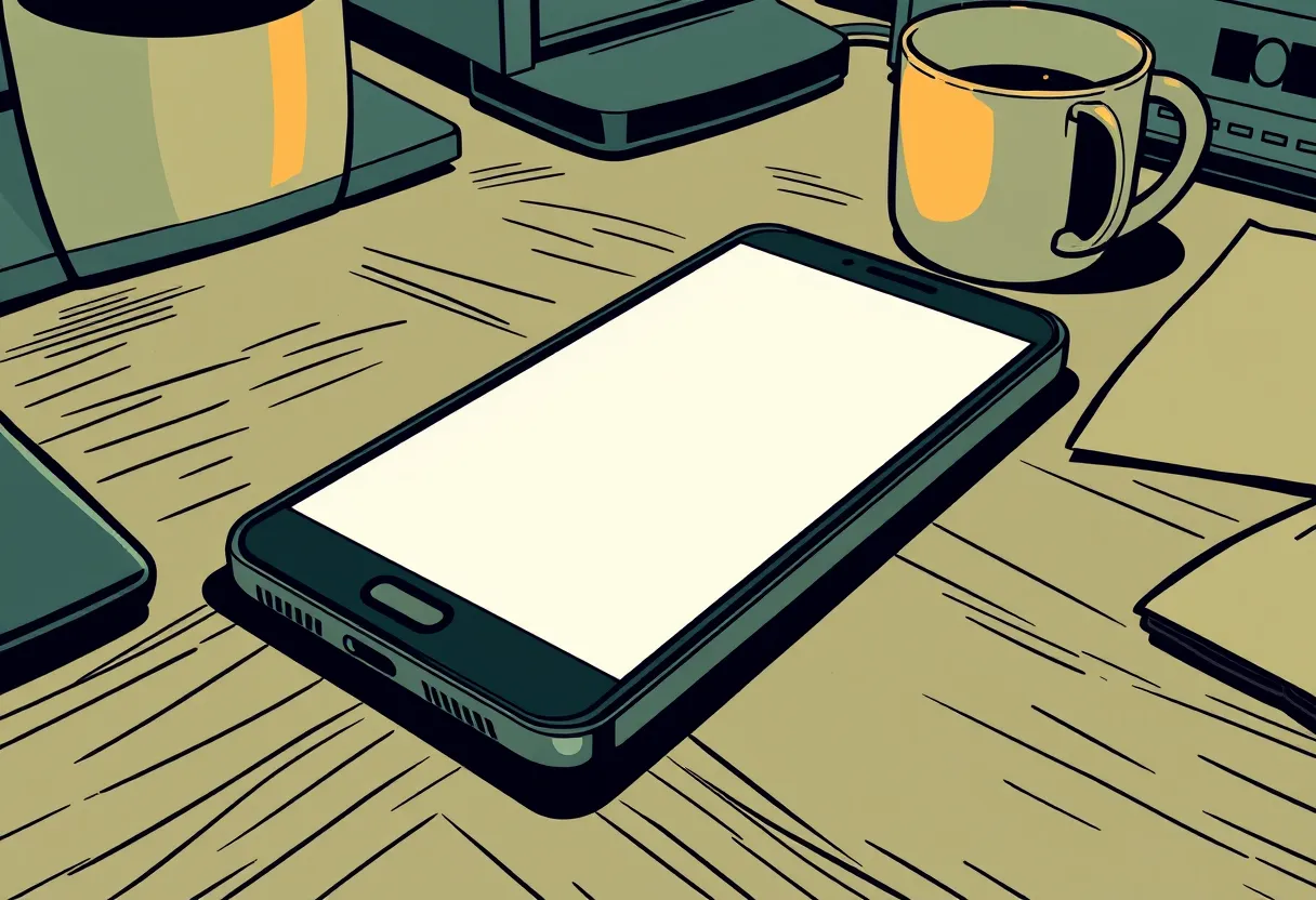 A phone on the desk lights up with a notification.